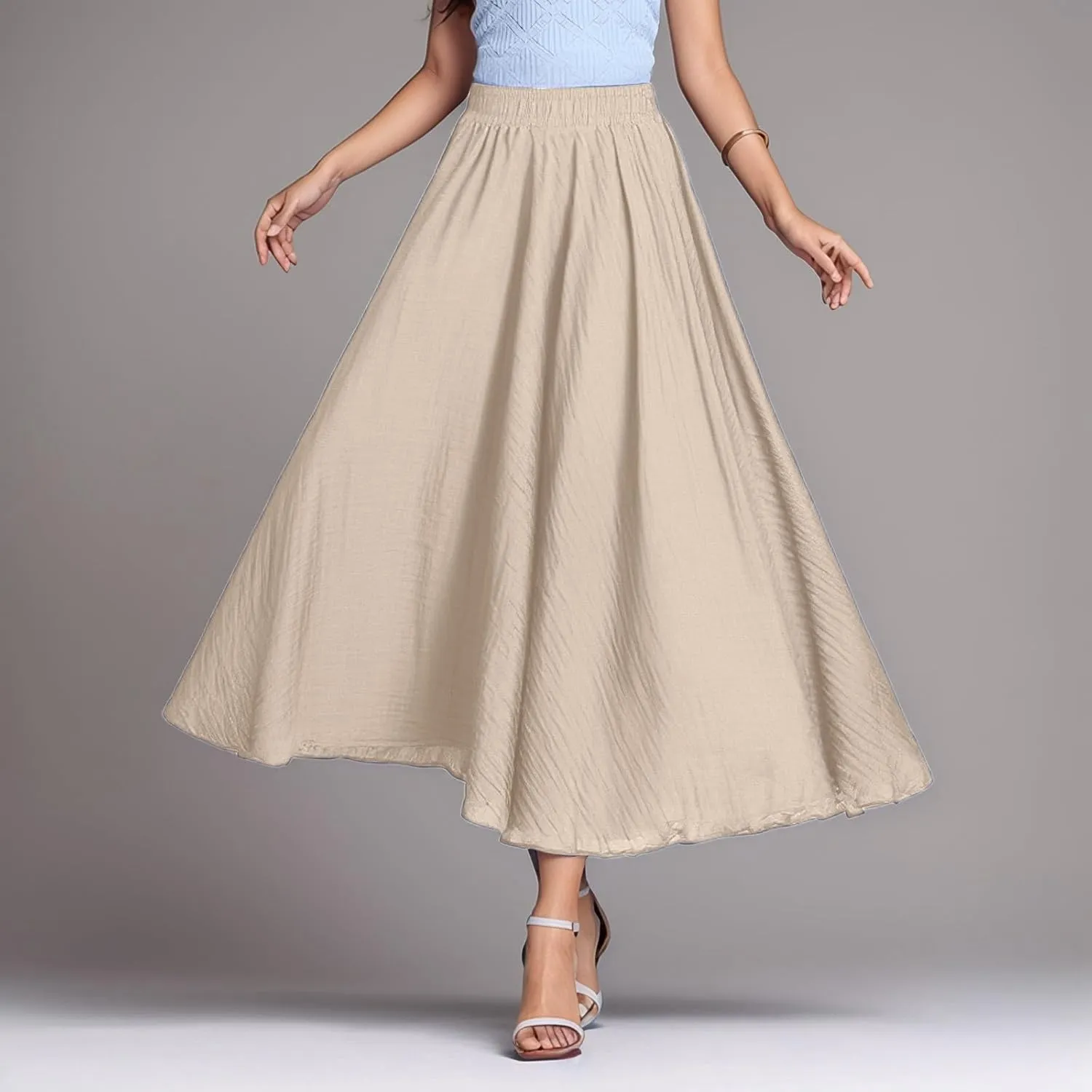 A Line Skirt for Women Trendy Flared High Elastic Waist Solid Loose Pleated Summer Long Skirts for Vacation Streetwear