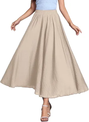 A Line Skirt for Women Trendy Flared High Elastic Waist Solid Loose Pleated Summer Long Skirts for Vacation Streetwear