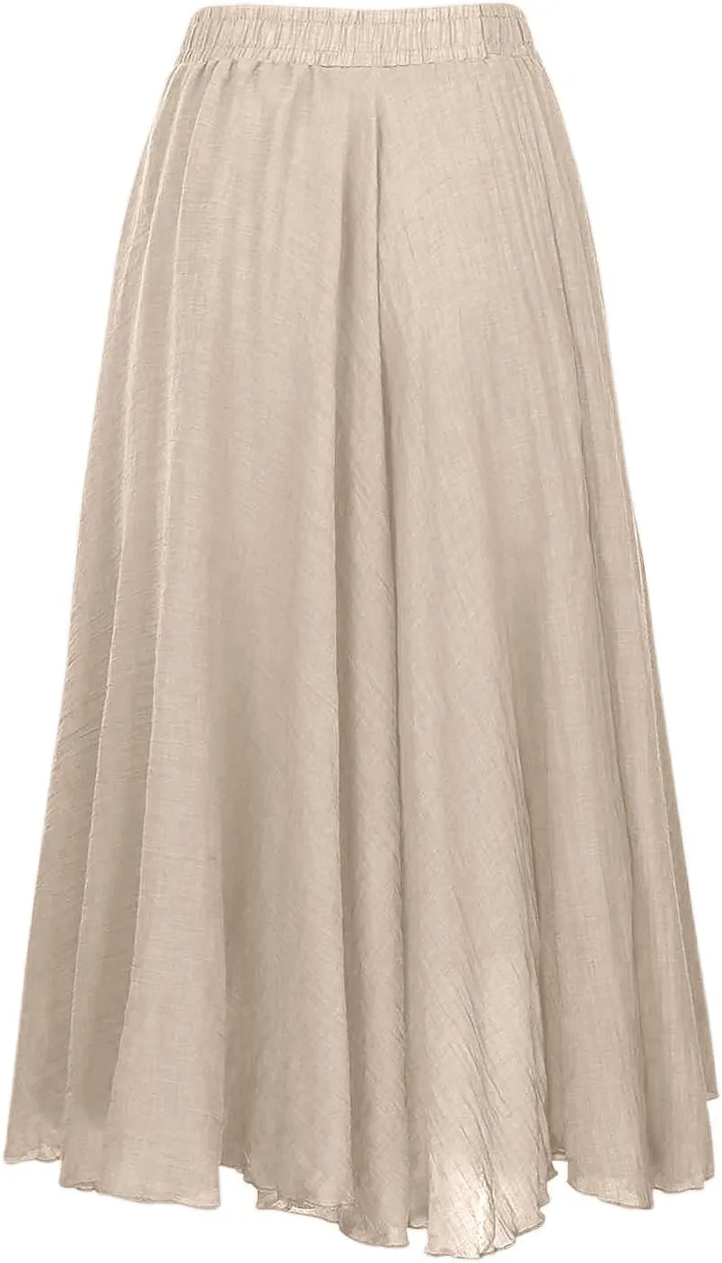 A Line Skirt for Women Trendy Flared High Elastic Waist Solid Loose Pleated Summer Long Skirts for Vacation Streetwear