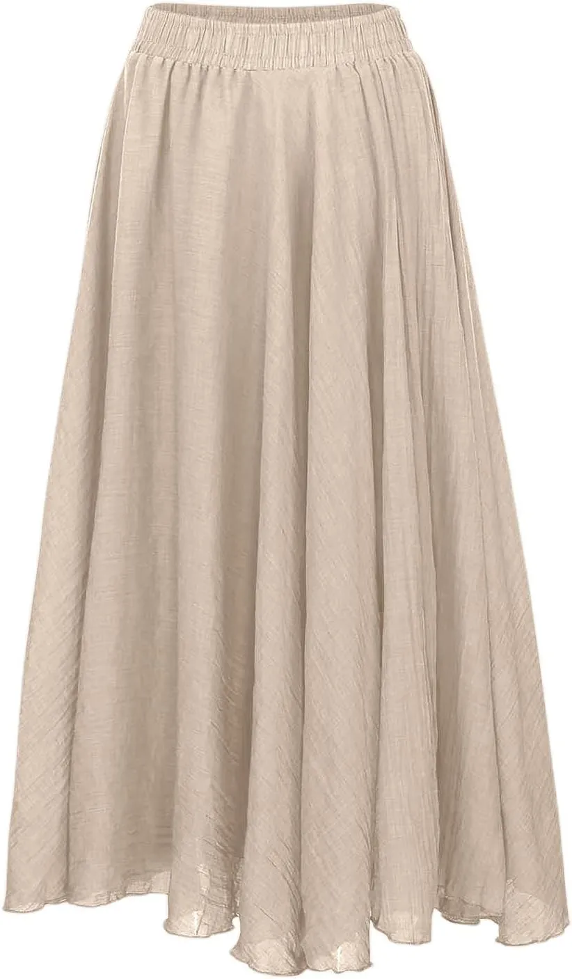 A Line Skirt for Women Trendy Flared High Elastic Waist Solid Loose Pleated Summer Long Skirts for Vacation Streetwear