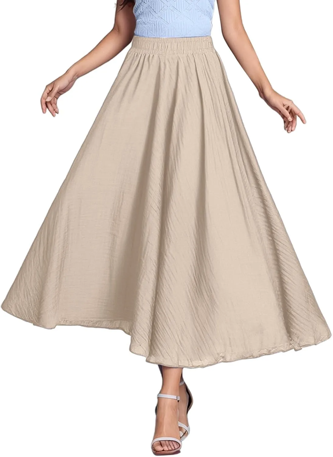 A Line Skirt for Women Trendy Flared High Elastic Waist Solid Loose Pleated Summer Long Skirts for Vacation Streetwear