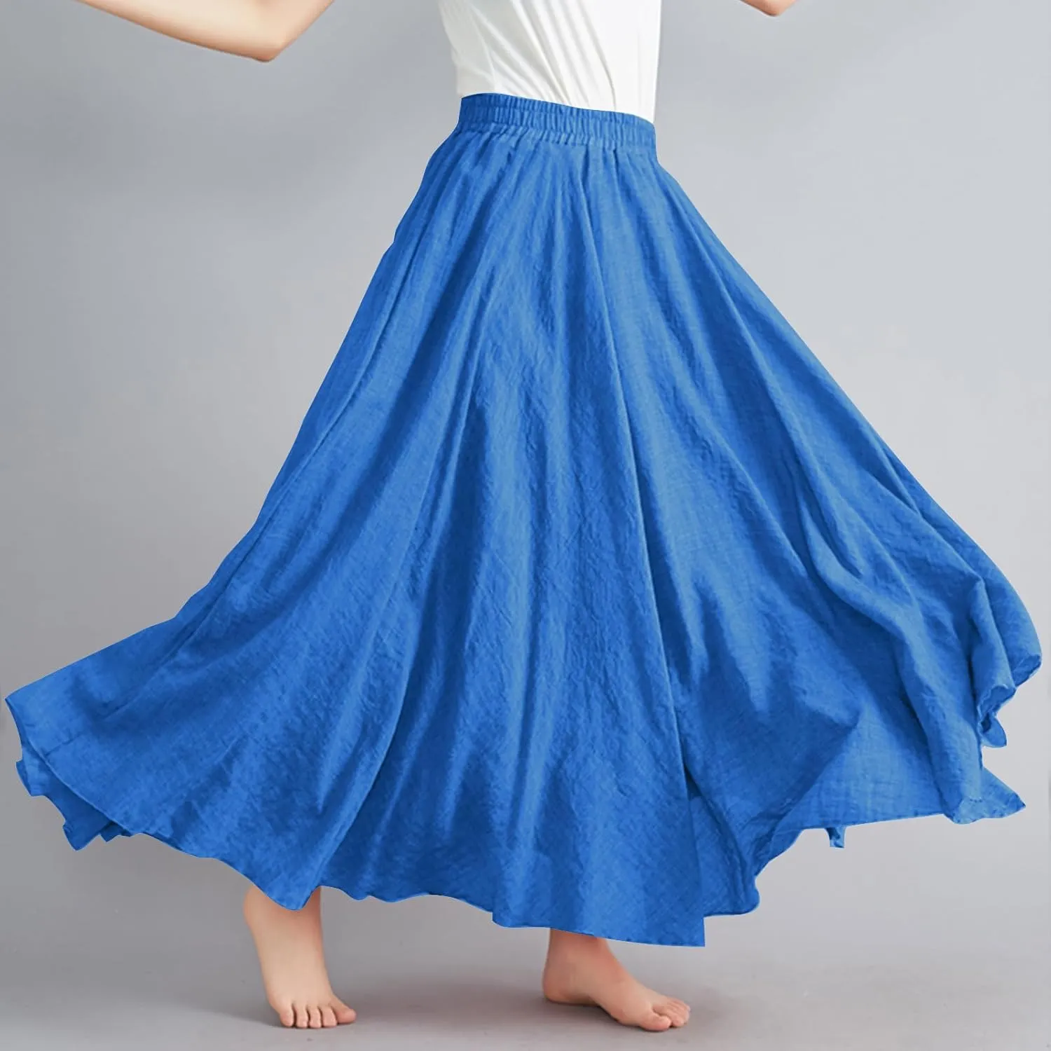 Boho Skirts for Women Pleated A-Line Flowy Swing Maxi Skirts Comfy Linen Long Skirt Casual Elastic Waist Skirt