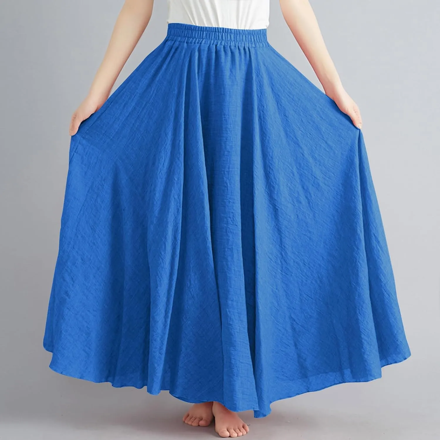 Boho Skirts for Women Pleated A-Line Flowy Swing Maxi Skirts Comfy Linen Long Skirt Casual Elastic Waist Skirt