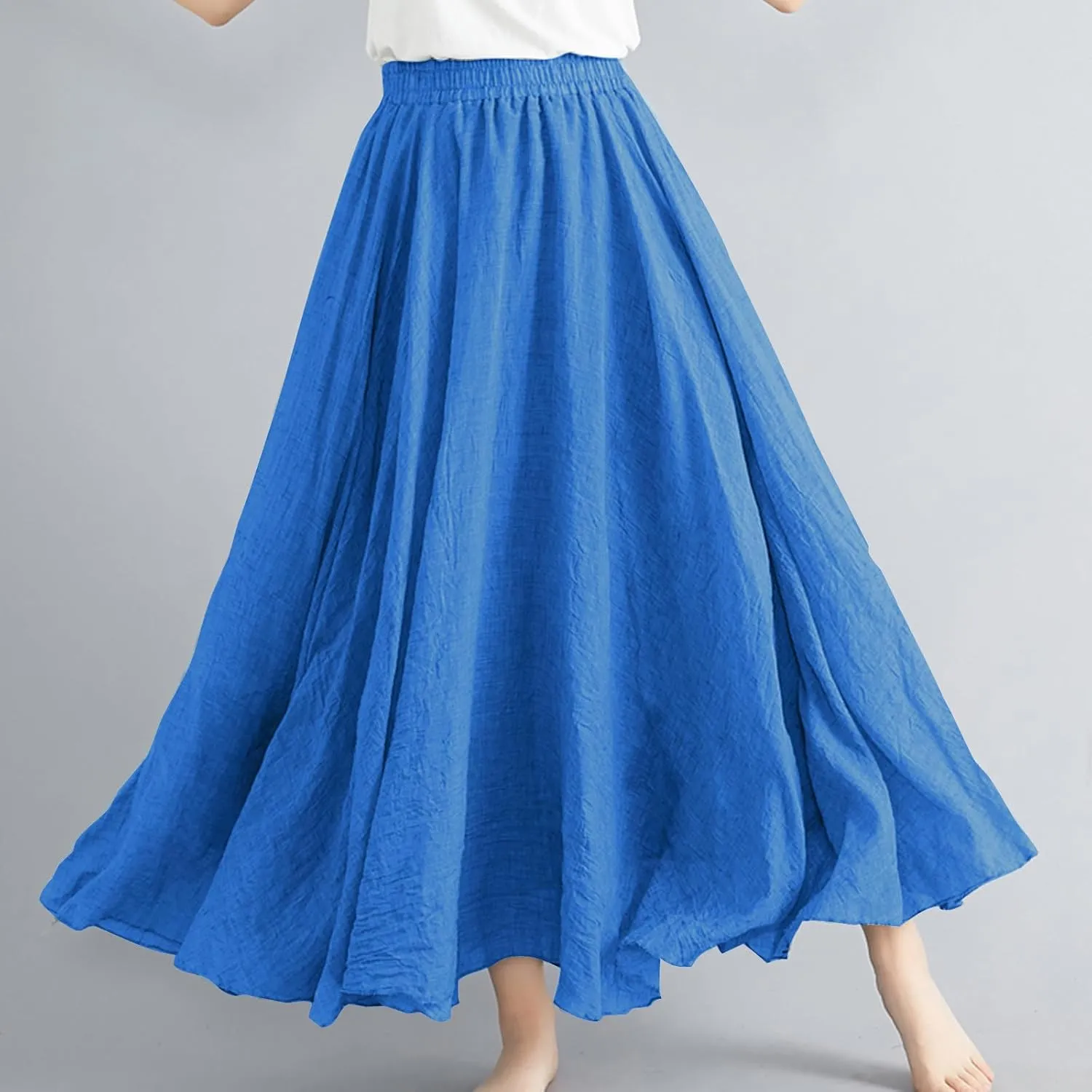 Boho Skirts for Women Pleated A-Line Flowy Swing Maxi Skirts Comfy Linen Long Skirt Casual Elastic Waist Skirt