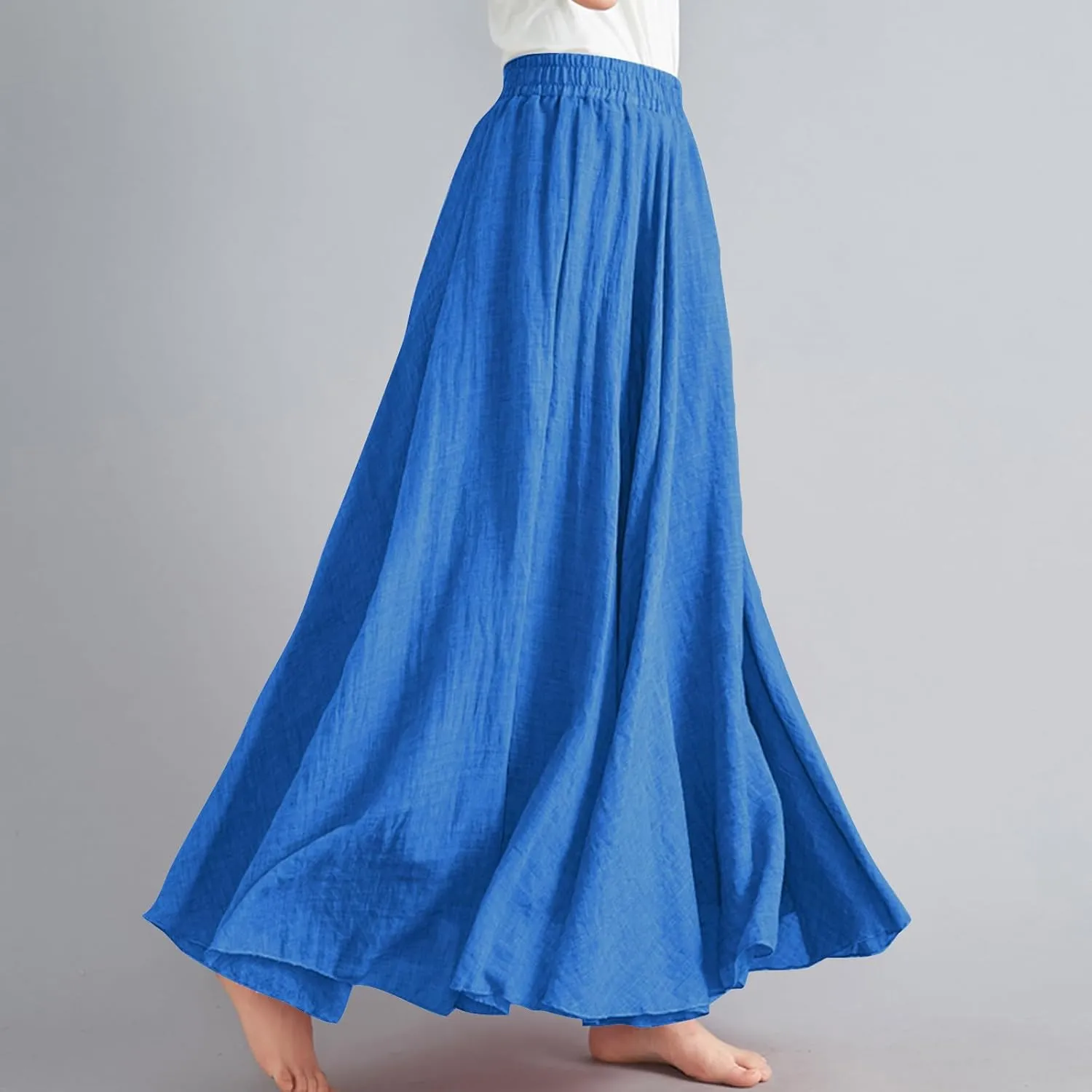 Boho Skirts for Women Pleated A-Line Flowy Swing Maxi Skirts Comfy Linen Long Skirt Casual Elastic Waist Skirt