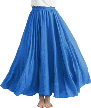 Boho Skirts for Women Pleated A-Line Flowy Swing Maxi Skirts Comfy Linen Long Skirt Casual Elastic Waist Skirt