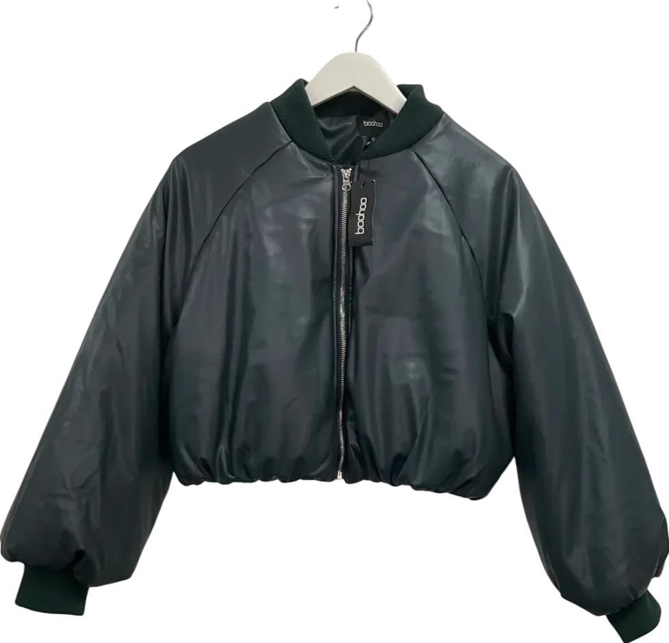 boohoo Green Petite Embossed Faux Leather Oversized Bomber Jacket UK 8