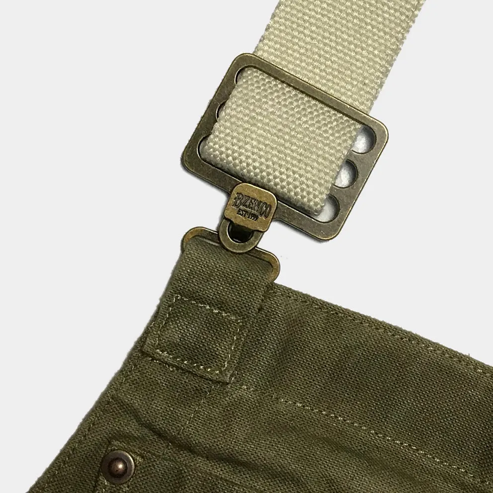 BZEN M.1099 DECKS-9P UNISEX REGULAR FIT 9 POCKET USN INSPIRED CANVAS VEGGIE DYED OVERALL-12oz-E0 MOSS GREEN