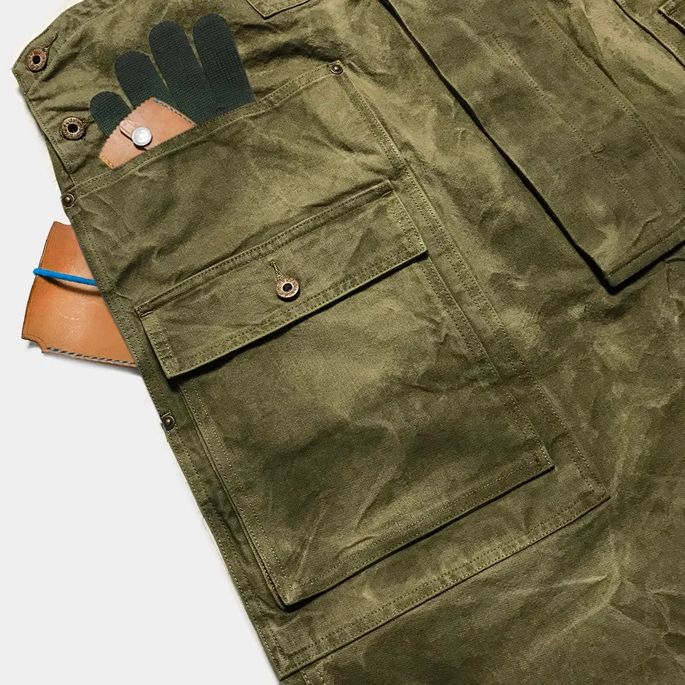 BZEN M.1099 DECKS-9P UNISEX REGULAR FIT 9 POCKET USN INSPIRED CANVAS VEGGIE DYED OVERALL-12oz-E0 MOSS GREEN