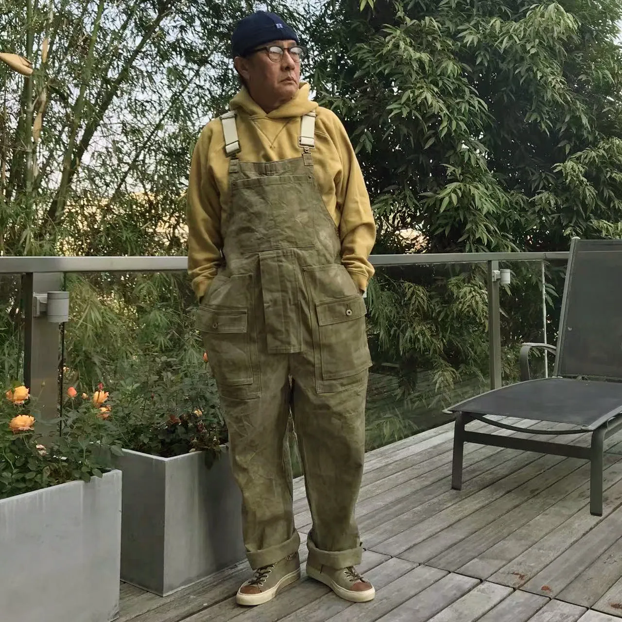 BZEN M.1099 DECKS-9P UNISEX REGULAR FIT 9 POCKET USN INSPIRED CANVAS VEGGIE DYED OVERALL-12oz-E0 MOSS GREEN