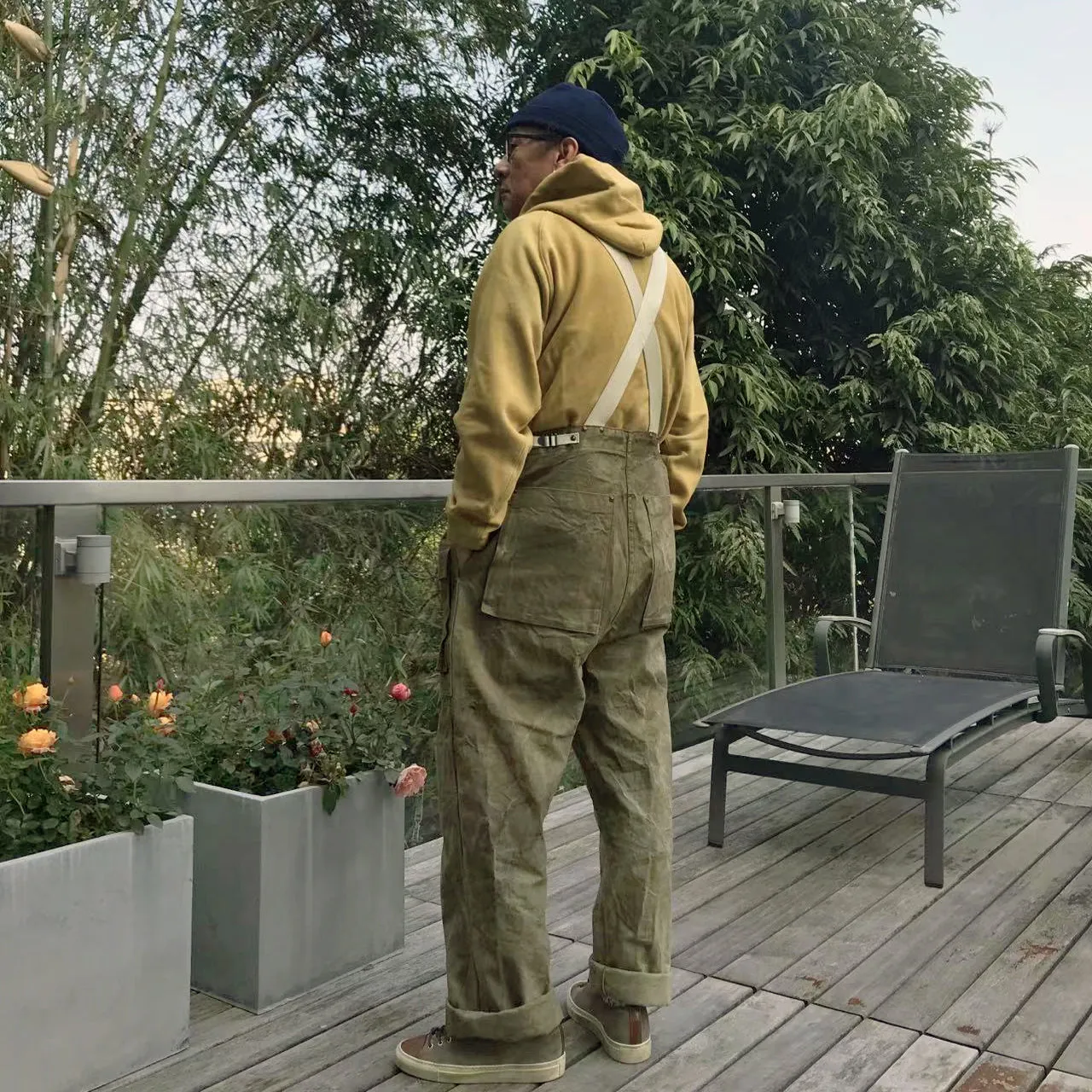 BZEN M.1099 DECKS-9P UNISEX REGULAR FIT 9 POCKET USN INSPIRED CANVAS VEGGIE DYED OVERALL-12oz-E0 MOSS GREEN