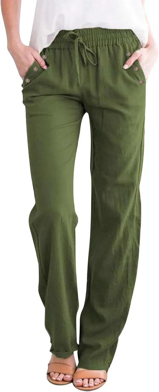High Waisted Linen Pants Women Summer Boho Cotton Palazzo Pants Casual Summer Wide Leg Flowy Beach Pants with Pockets