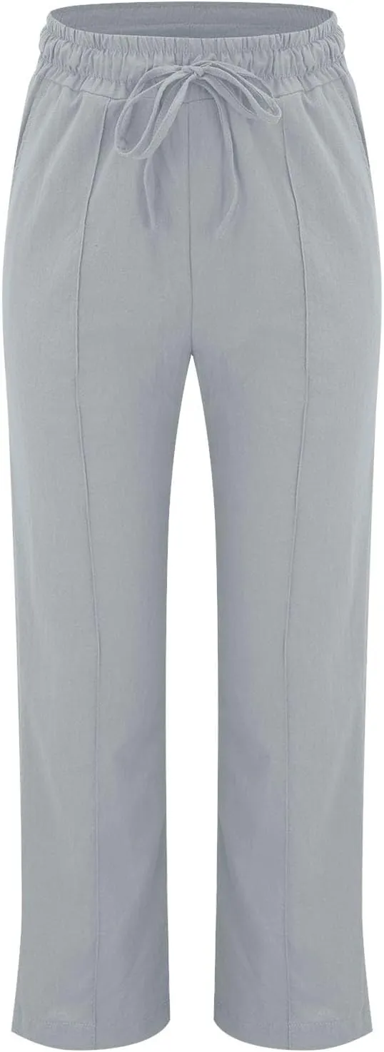 Linen Pants Women Summer Casual Loose Plus Size Straight Leg Pants Drawstring High Waisted Pants Trousers with Pockets
