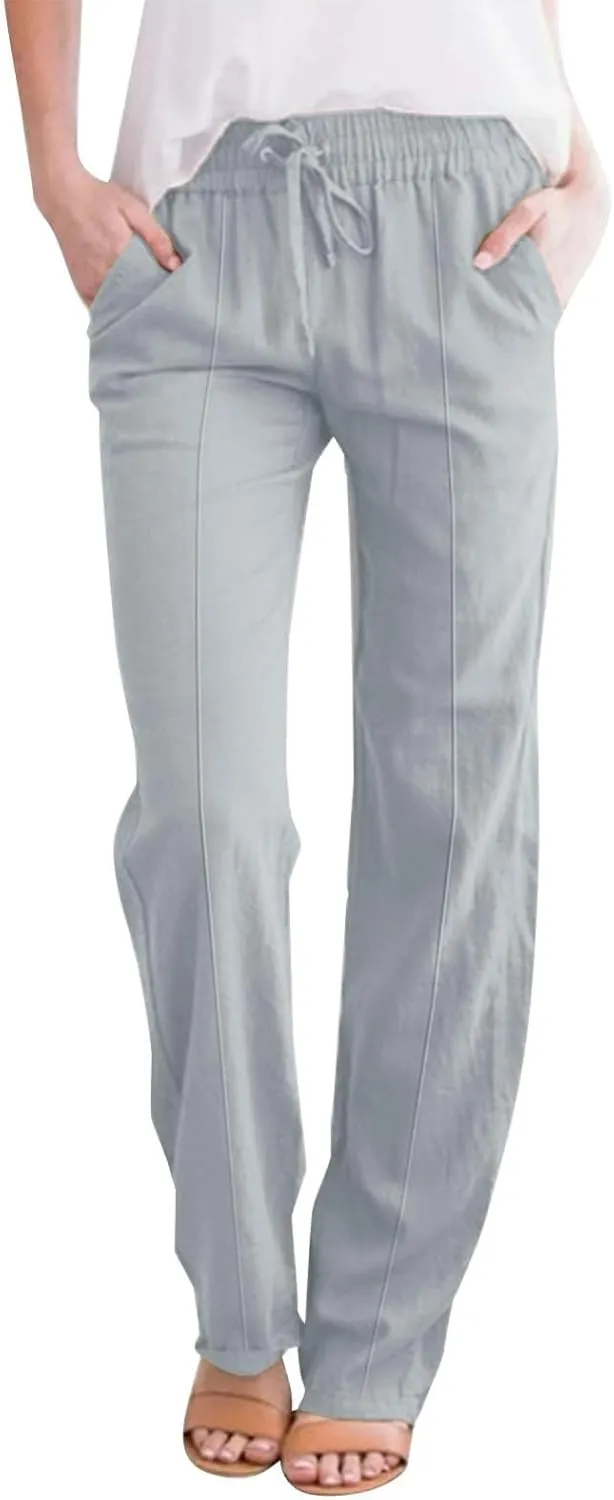 Linen Pants Women Summer Casual Loose Plus Size Straight Leg Pants Drawstring High Waisted Pants Trousers with Pockets