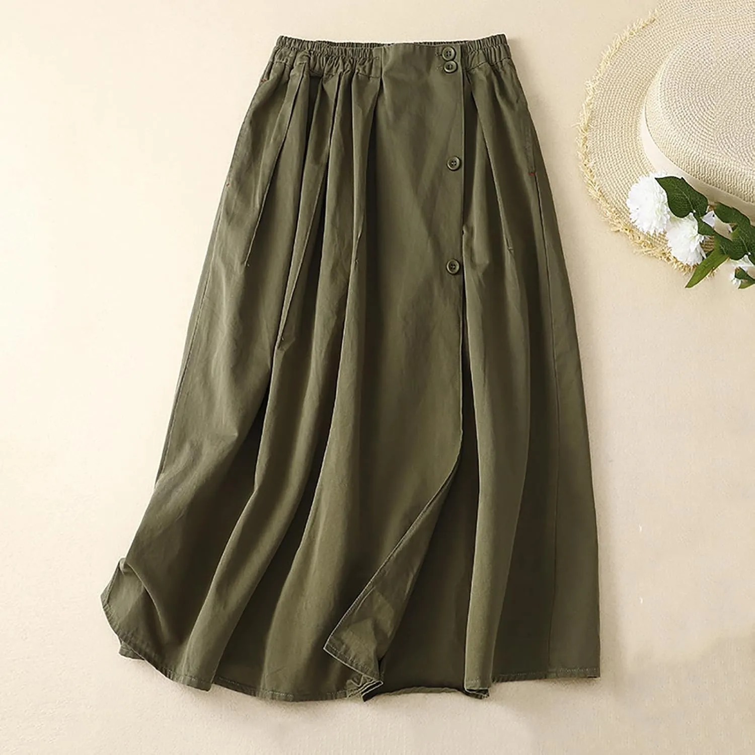 Long Skirts for Women High Elastic Waist Cotton Linen Skirt Casual Comfy Pleated Skirts Fall Fashion Swing Skirt