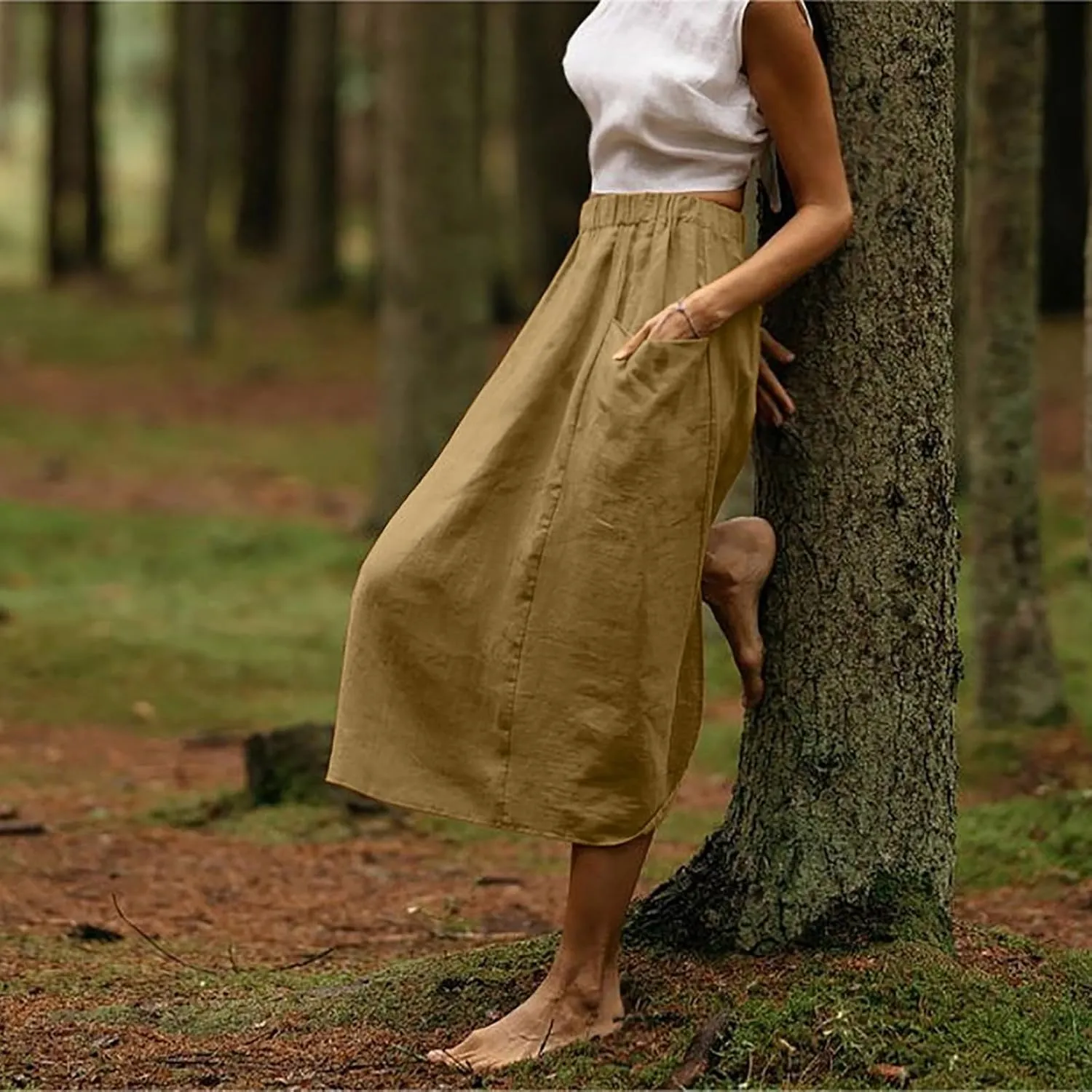 midi Skirts for Women High Elastic Waist Linen Half Skirt Casual Comfy Swing Skirts Plain Spring Skirt with Pocket
