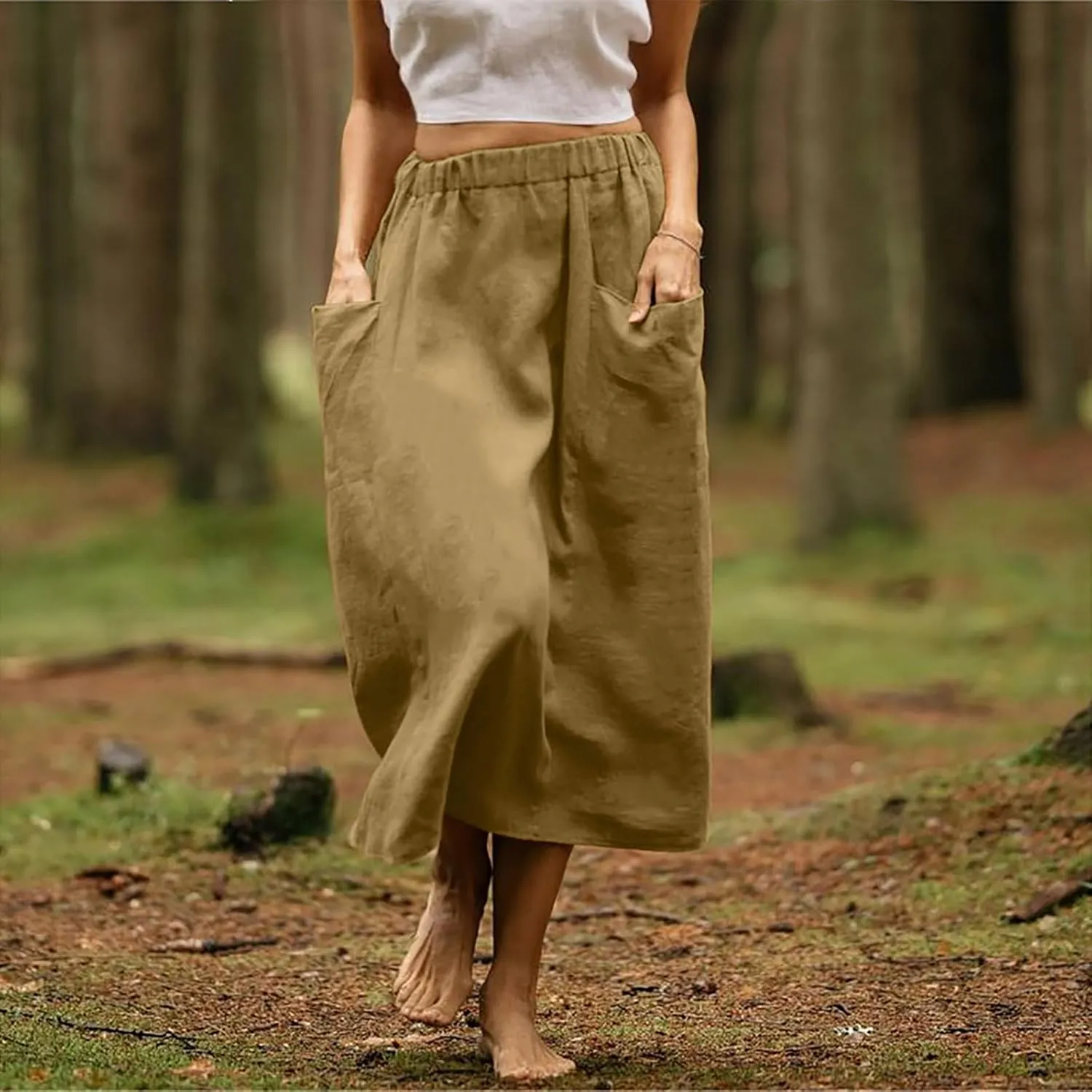 midi Skirts for Women High Elastic Waist Linen Half Skirt Casual Comfy Swing Skirts Plain Spring Skirt with Pocket