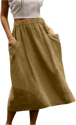 midi Skirts for Women High Elastic Waist Linen Half Skirt Casual Comfy Swing Skirts Plain Spring Skirt with Pocket
