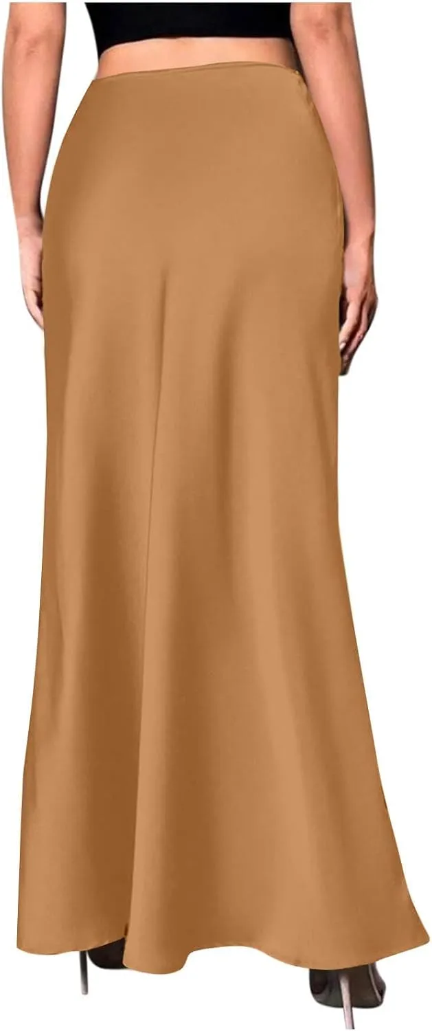 Satin Skirt for Women High Waist A Line Comfy Midi Length Skirt Elegant Cocktail Party Wedding Flared Casual Skirts
