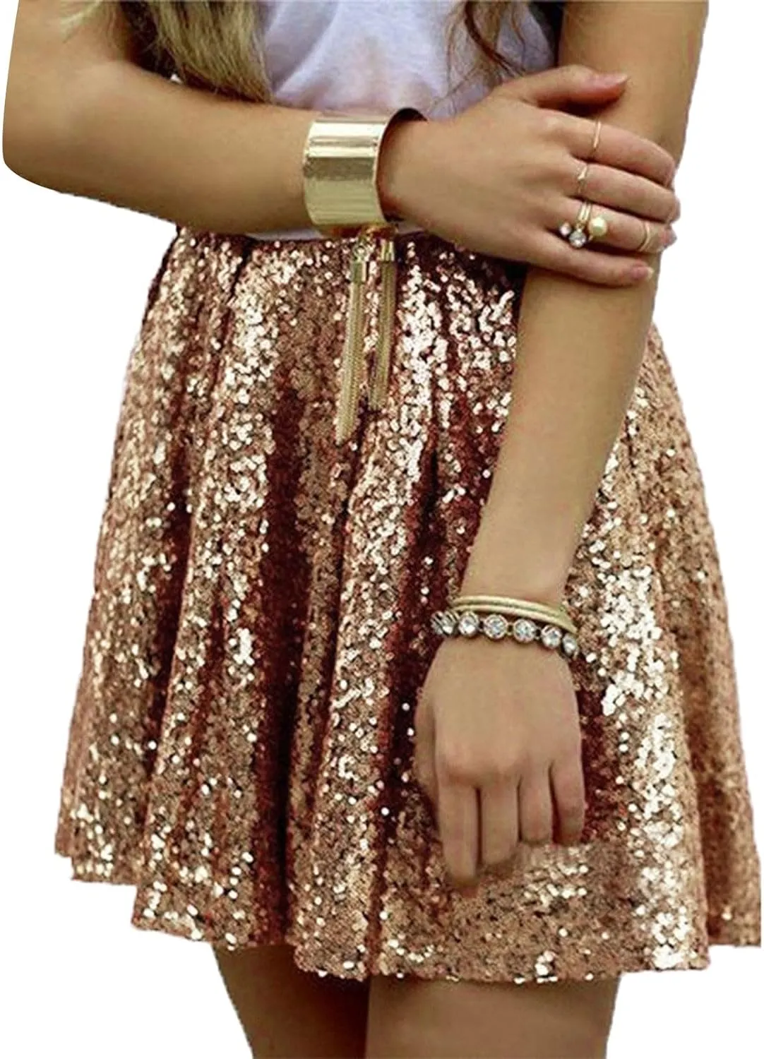 Sequin Skirts for Women High Waist Stretch Pleated Skirts Shiny Bodycon Mini Skirt Rave Party Sparkly Dance Short Skirt