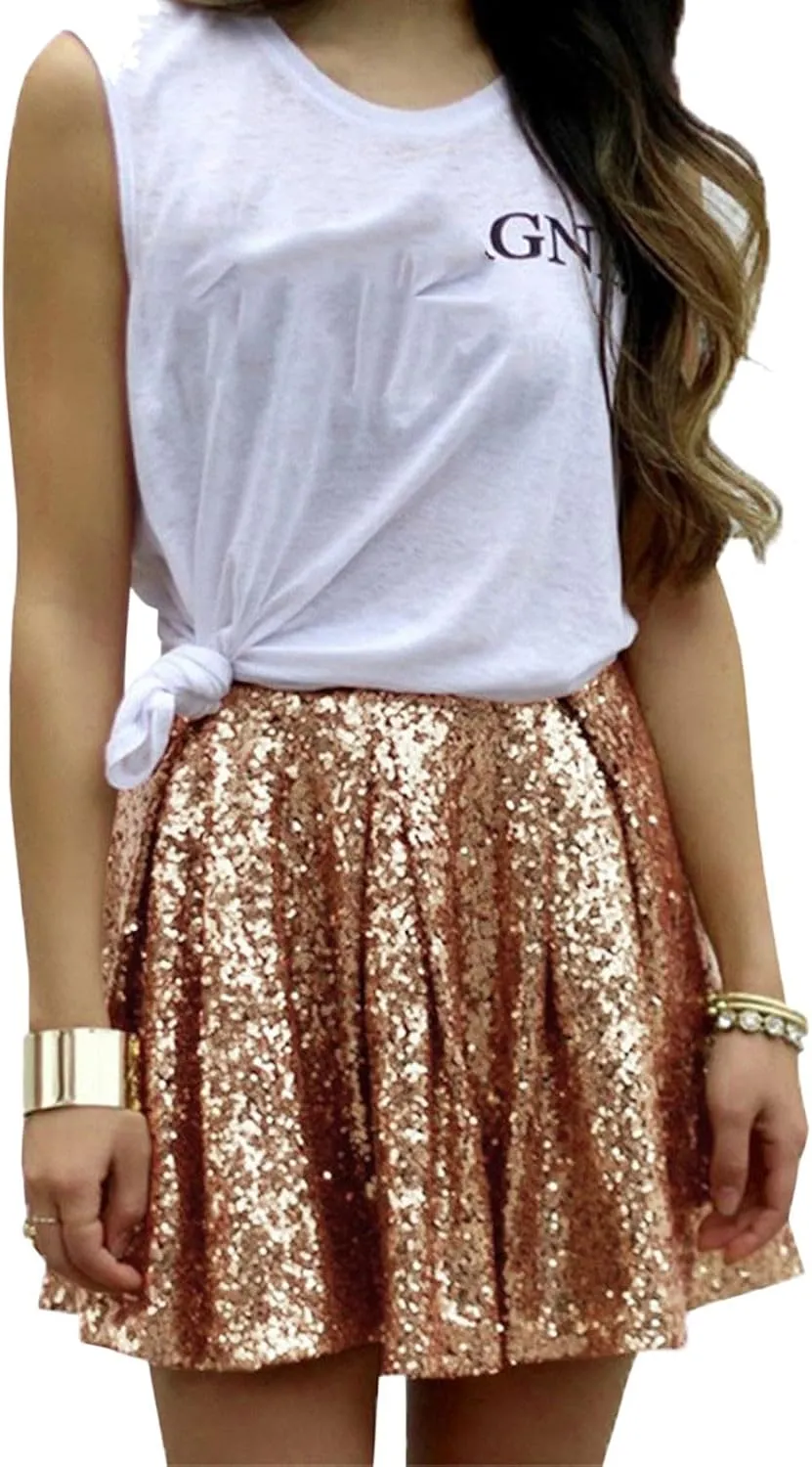 Sequin Skirts for Women High Waist Stretch Pleated Skirts Shiny Bodycon Mini Skirt Rave Party Sparkly Dance Short Skirt