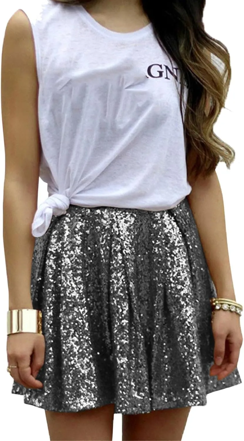 Sequin Skirts for Women High Waist Stretch Pleated Skirts Shiny Bodycon Mini Skirt Rave Party Sparkly Dance Short Skirt