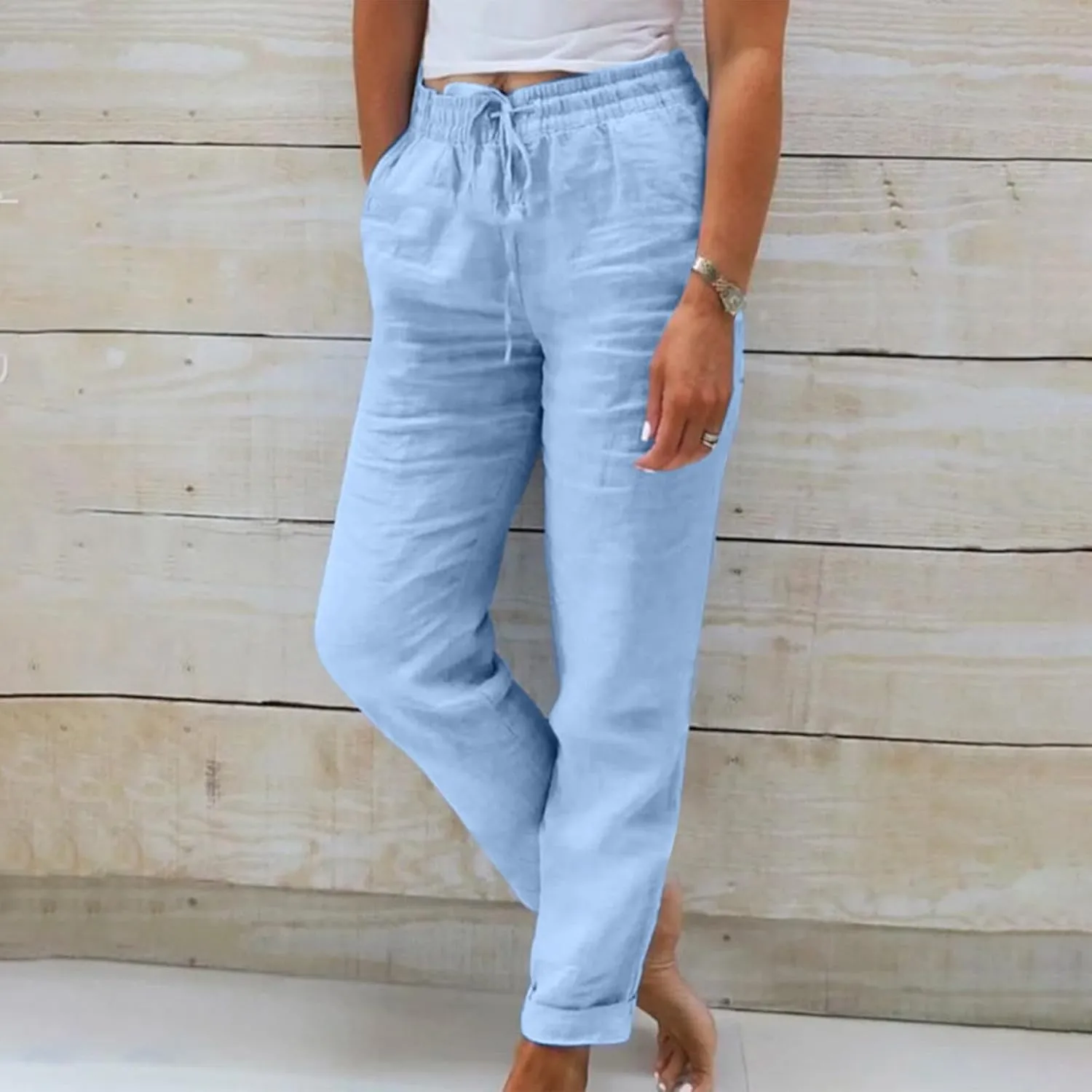 SHOPESSA Linen Pants for Women Drawstring high Waisted Capris with Pockets Solid Color Ladies capriswomen Linen Pants