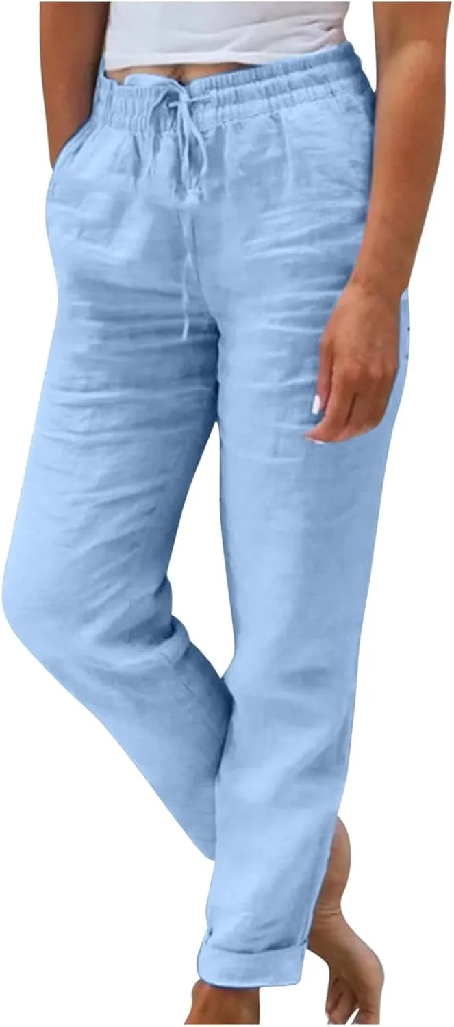 SHOPESSA Linen Pants for Women Drawstring high Waisted Capris with Pockets Solid Color Ladies capriswomen Linen Pants