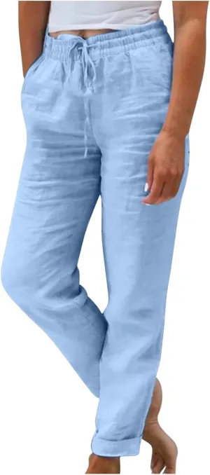 SHOPESSA Linen Pants for Women Drawstring high Waisted Capris with Pockets Solid Color Ladies capriswomen Linen Pants