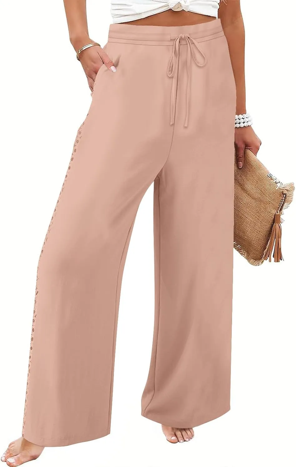 SHOPESSA Linen Pants Women 2025 Summer Hollow Out Side Long Pants Casual Wide Leg Palazzo Pants with Pockets