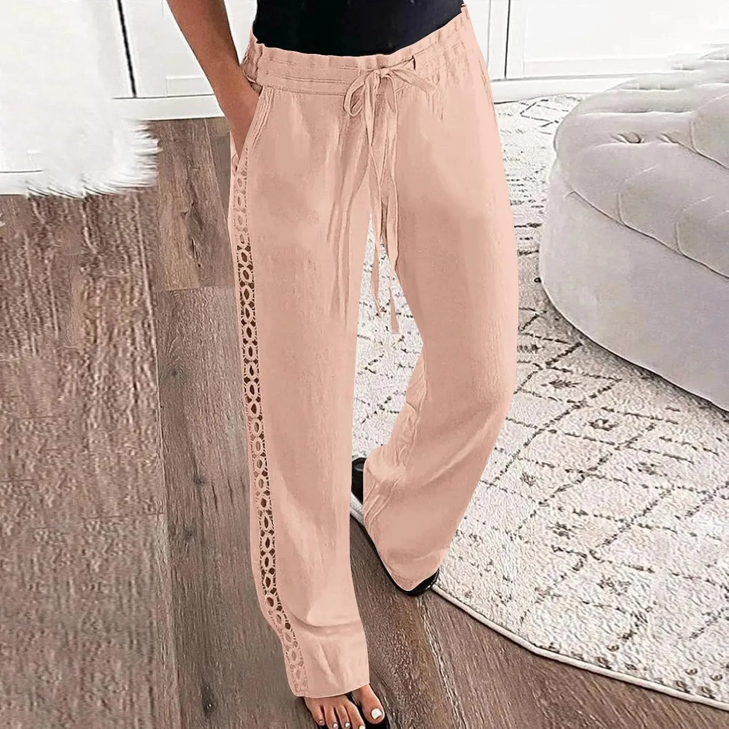 SHOPESSA Linen Pants Women 2025 Summer Hollow Out Side Long Pants Casual Wide Leg Palazzo Pants with Pockets