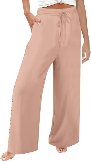 SHOPESSA Linen Pants Women 2025 Summer Hollow Out Side Long Pants Casual Wide Leg Palazzo Pants with Pockets