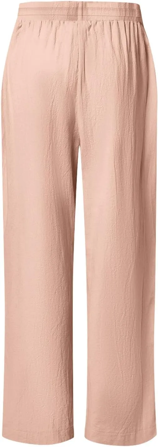 SHOPESSA Linen Pants Women 2025 Summer Hollow Out Side Long Pants Casual Wide Leg Palazzo Pants with Pockets