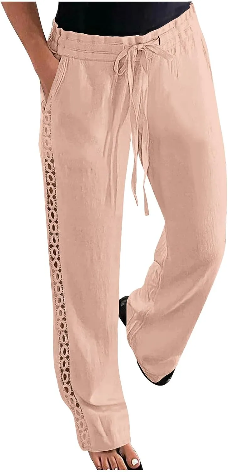 SHOPESSA Linen Pants Women 2025 Summer Hollow Out Side Long Pants Casual Wide Leg Palazzo Pants with Pockets