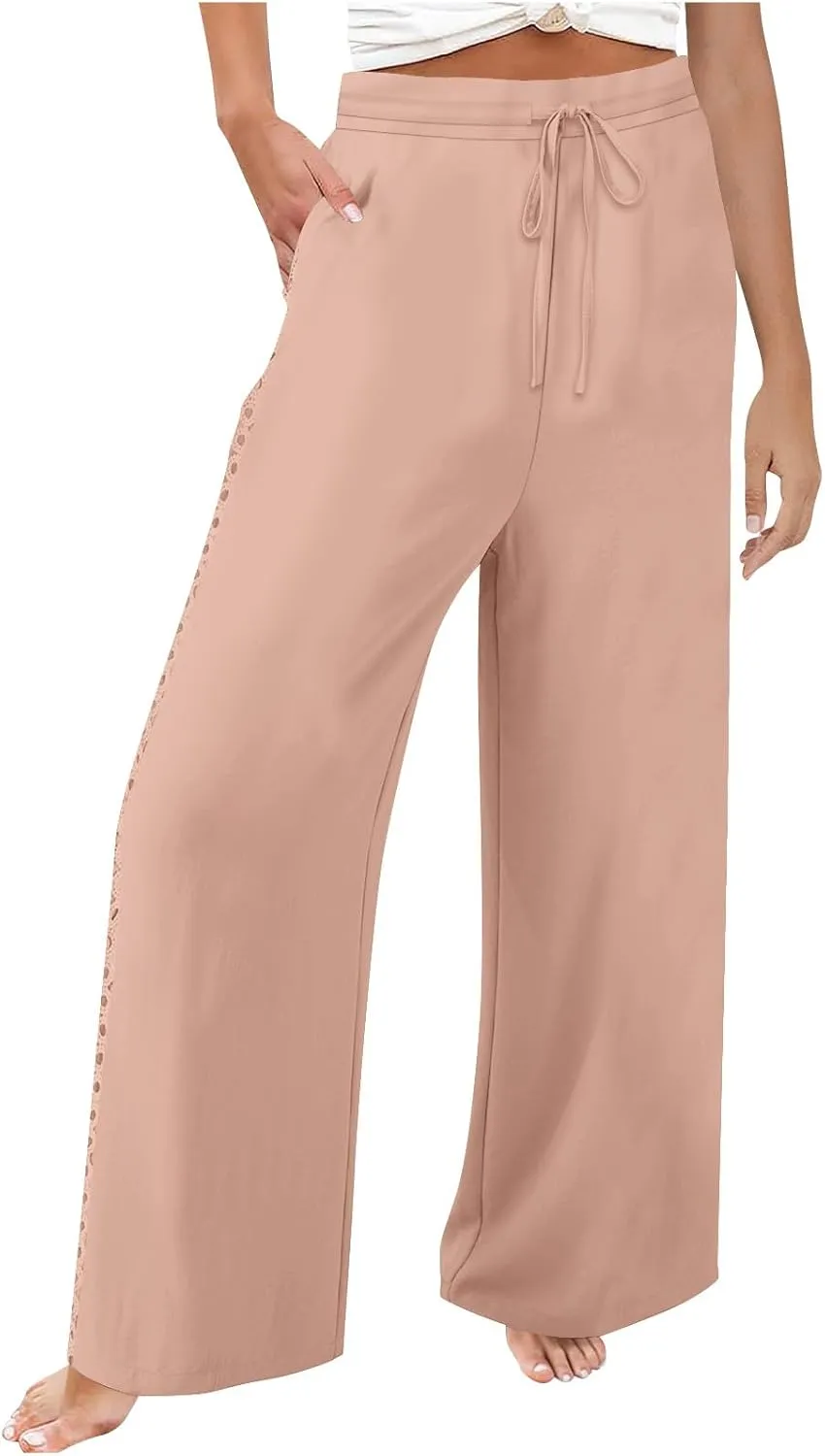 SHOPESSA Linen Pants Women 2025 Summer Hollow Out Side Long Pants Casual Wide Leg Palazzo Pants with Pockets