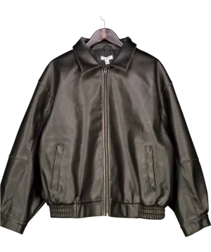 Topshop Faux Leather Oversized Bomber Jacket In Brown UK L