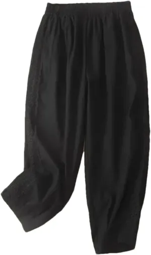 Women Casual Ankle-Length Pants Solid Cotton Linen Lace Elastic Waist Harem Pants