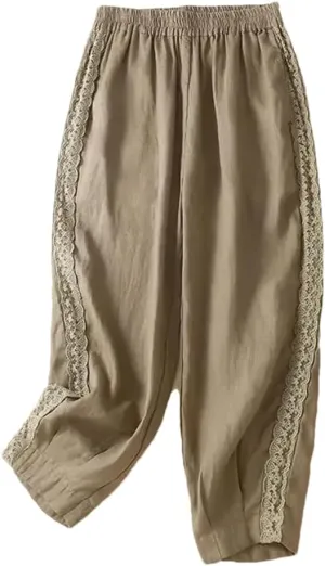 Women Casual Ankle-Length Pants Solid Cotton Linen Lace Elastic Waist Harem Pants