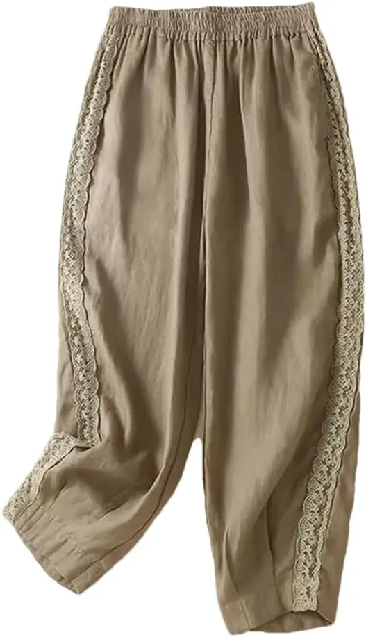 Women Casual Ankle-Length Pants Solid Cotton Linen Lace Elastic Waist Harem Pants