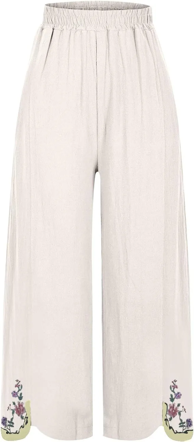 Women Linen Pants Summer Wide Leg Pants Smocked Waist Ruffle Hem Palazzo Pants Boho Flowy Beach Pants with Pocket