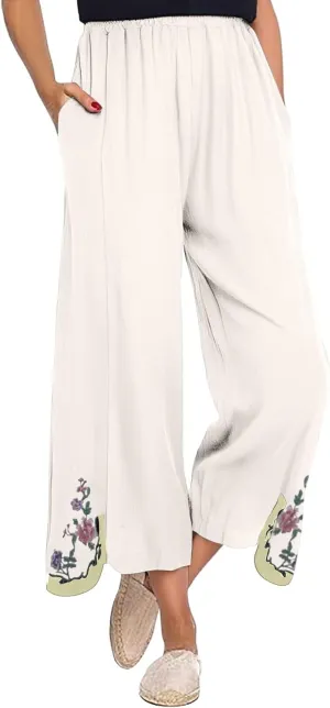 Women Linen Pants Summer Wide Leg Pants Smocked Waist Ruffle Hem Palazzo Pants Boho Flowy Beach Pants with Pocket