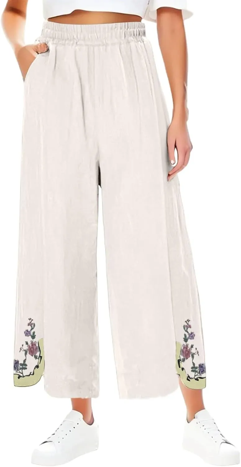 Women Linen Pants Summer Wide Leg Pants Smocked Waist Ruffle Hem Palazzo Pants Boho Flowy Beach Pants with Pocket