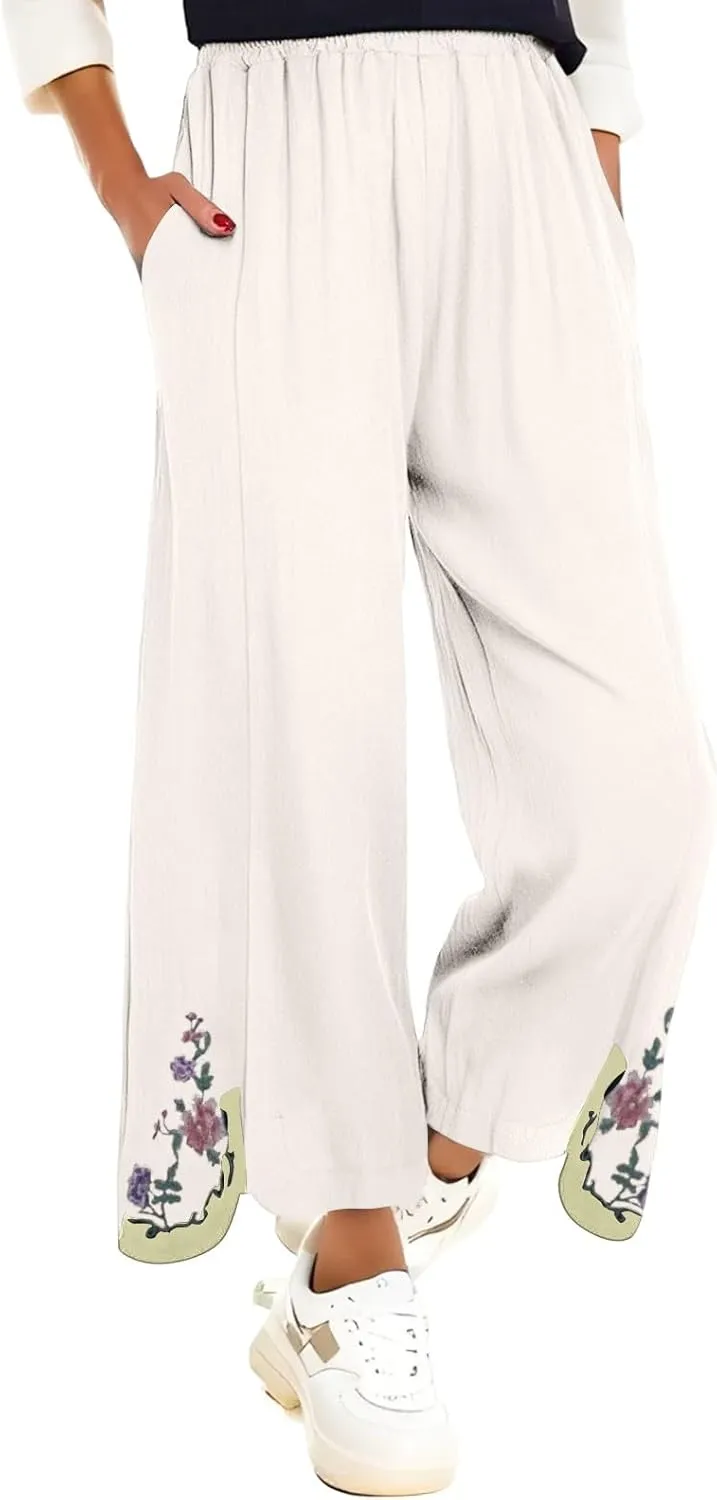 Women Linen Pants Summer Wide Leg Pants Smocked Waist Ruffle Hem Palazzo Pants Boho Flowy Beach Pants with Pocket