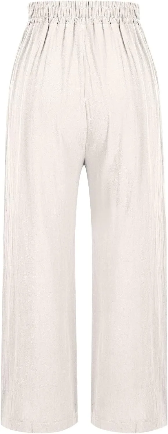 Women Linen Pants Summer Wide Leg Pants Smocked Waist Ruffle Hem Palazzo Pants Boho Flowy Beach Pants with Pocket