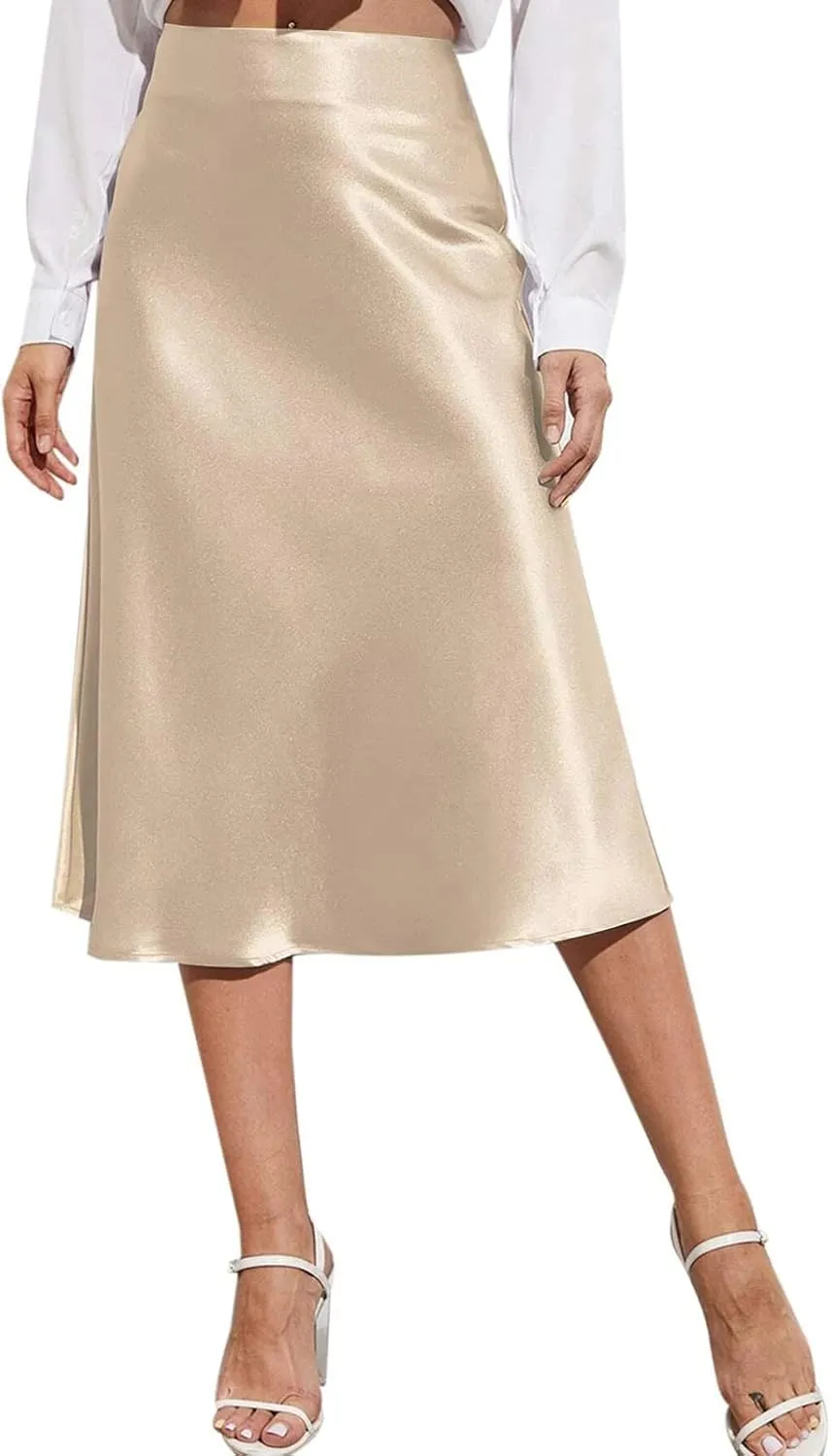 Womens High Waist Midi Skirt Casual Solid Versatile Satin Dress Fashion Elegant Knee Length Skirt Prom Party Skirts