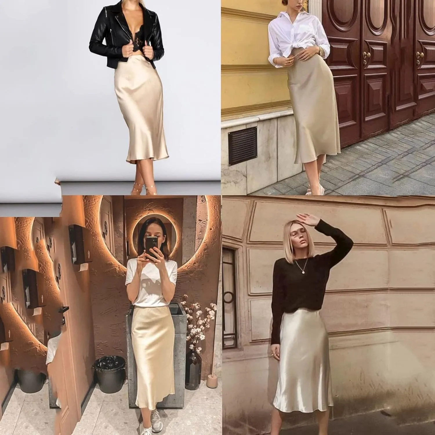 Womens High Waist Midi Skirt Casual Solid Versatile Satin Dress Fashion Elegant Knee Length Skirt Prom Party Skirts