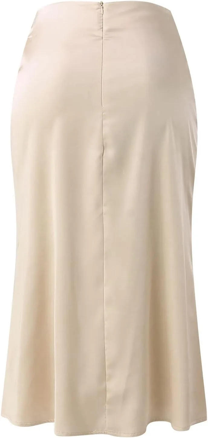 Womens High Waist Midi Skirt Casual Solid Versatile Satin Dress Fashion Elegant Knee Length Skirt Prom Party Skirts