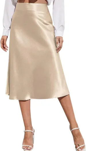 Womens High Waist Midi Skirt Casual Solid Versatile Satin Dress Fashion Elegant Knee Length Skirt Prom Party Skirts