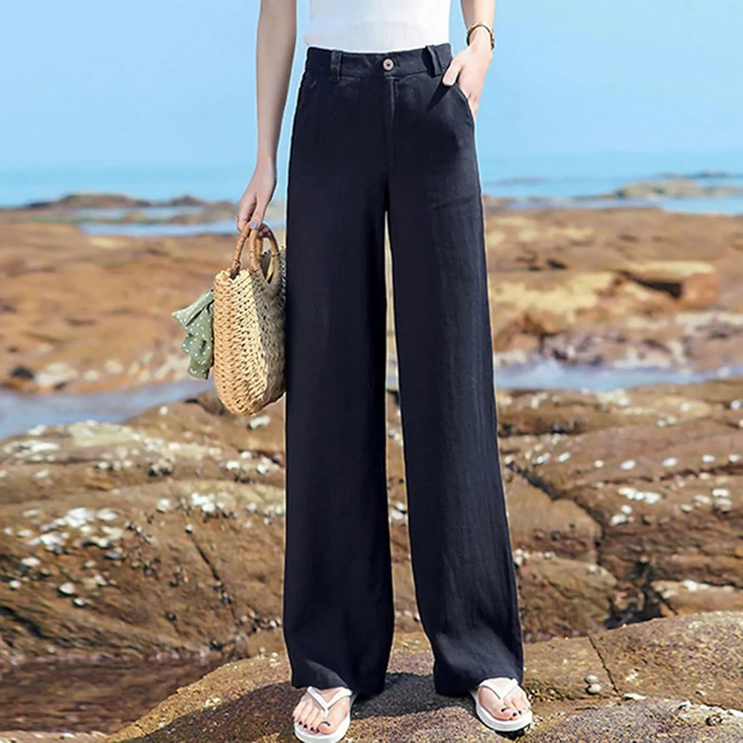 Womens Wide Leg Linen Pants Wide Leg Pants Button Up Straight Leg Trousers Linen Blend Pants