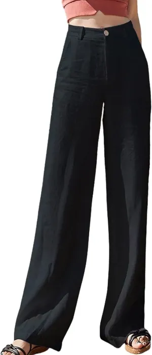 Womens Wide Leg Linen Pants Wide Leg Pants Button Up Straight Leg Trousers Linen Blend Pants